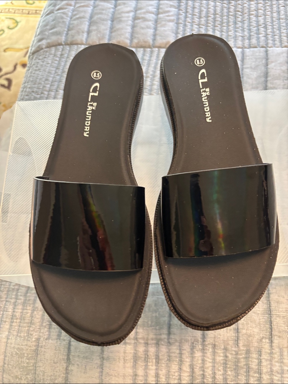 CL by Laundry Glossy Black Wide Strap Slide Sandals